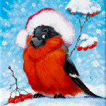 99px.ru аватар Птичка в красной шубке и с шапочкой Санта Клауса на голове сидит на снегу