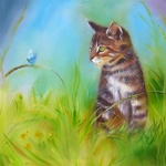 99px.ru аватар Нарисованный в траве котенок смотрит на голубую бабочку, художник Annet Loginova