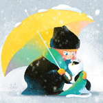 99px.ru аватар Девочка с желтым зонтом в руке укрывает шарфиком котенка, by Minayuyu