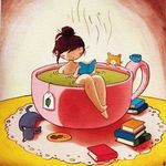 Аватар Девушка сидит в кружке с чаем рядом коты и книги