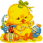 99px.ru аватар Цыпленок сидит на цветочной поляне облокотившись на корзинку с пасхальными яйцами