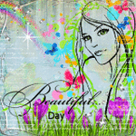 99px.ru аватар Лицо девушки на фоне радуги, цветов и бабочек, внизу надпись (BEAUTIFUL DAY)