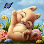 99px.ru аватар Крольчонок сидит на полянке среди пасхальных яиц и машет лапкой