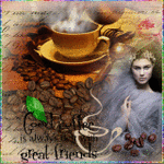 Аватар Чашка горячего кофе из которой идет пар, вокруг кофейные зерна, справа девушка, внизу надпись и блестки
