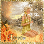 99px.ru аватар Девушка блондинка сидит на коленях на фоне дома, слева оранжевые розы и надпись LOVE
