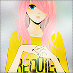 Аватар Vocaloid Megurine Luka / Вокалоид Мегуринэ Лука с длинной челкой на бок, закрывающей один глаз, в желтой майке с надписью