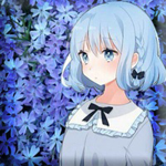 99px.ru аватар Смущенная анимешная девочка с голубыми волосами, в голубом платьице с черным бантиком на воротничке, на фоне голубых цветов