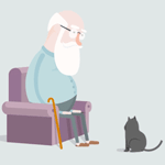 99px.ru аватар Дедушка сидящий в кресле, хлопая по коленям просит кота запрыгнуть ему на руки