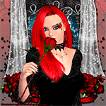 99px.ru аватар Девушка с красными волосами в черном платье с розой в руке на фоне окна с белыми шторами