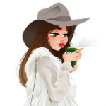 99px.ru аватар Девушка в шляпе, белой меховой жилетке, пьет горячий кофе, by Pernille &;rum