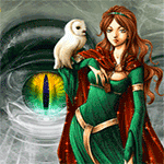 99px.ru аватар Рыжеволосая девушка в зеленом платье, в коричневой накидке с белой совой на плече на фоне глаза