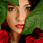 Аватар Девушка с карими глазами на фоне листьев и красных роз