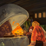 99px.ru аватар Колдун Howl / Хаул сидит с кружкой в руке перед огнем Calcifer / Кальцифером, из аниме Howl-s Moving Castle / Ходячий замок