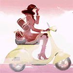 99px.ru аватар Девушка в коричневой одежде, сумке через плечо едет на скутере по дороге