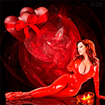 99px.ru аватар Рыжеволосая девушка в красной одежде на фоне красных сердечек с бантами