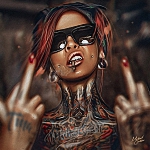 Аватар Девушка с обильным тату, с сигаретой в зубах, в темных солнцезащитных очках подняла вверх руки и показывает средний палец на обеих руках (фак)