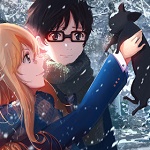 Аватар Косэй Арима / Kousei Arima и Каори Миязоно / Kaori Miyazono с черным котенком под снегопадом, из аниме Твоя апрельская ложь / Shigatsu wa Kimi no Uso