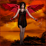 99px.ru аватар Девушка-ангел с темными волосами и красными крыльями на фоне грозового неба и моря