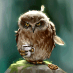 99px.ru аватар Сердитая растрепанная сова с чашкой горячего чая или кофе в лапе, у которой дергается глаз, by Svesla Tasla