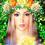 99px.ru аватар Девушка со светлыми длинными волосами, голубыми глазами, с венком из цветов на голове на фоне бабочки и зеленых листьев