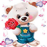 99px.ru аватар Белый медвежонок в синем комбинезоне с розовой розой в лапе, на фоне сердечек