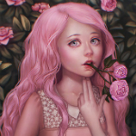 99px.ru аватар Девушка с розовыми волосами и цветами во рту приставила два пальца к подбородку, by JuneJenssen