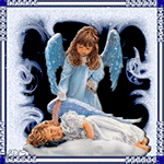 99px.ru аватар Девочка-ангел с темными длинными волосами с голубыми крыльями склонилась над спящим ребенком