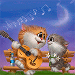 99px.ru аватар Рыжий кот сидит с гитарой на скамейке и поет серенады серой кошке на фоне нот и сердечек