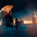 99px.ru аватар Девушка и кот сидят осенью под дождем с зонтиком на крыше и смотрят на вечерний Лондон