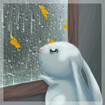 99px.ru аватар Белый крольчонок смотрит в окно за которым идет дождь и падают осенние листья