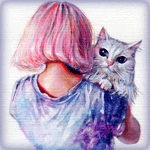 Аватар Девушка с розовыми волосами держит на руках белую кошку, by Tanya Shatseva