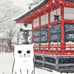 99px.ru аватар Белый котик сидит на фоне храма под падающим снегом