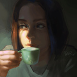 Аватар Девушка с чашкой в руке смотрит в сторон, by superschool48