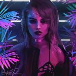 99px.ru аватар Девушка стоит в комнате с неоновым фиолетово-голубым светом, художник Tony Skeor