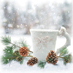 99px.ru аватар Белая кружка с горячим напитком стоит среди еловых веток под падающим снегом