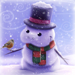 99px.ru аватар Снеговик в шляпе и шарфике под падающим снегом смотрит на замерзшего воробья, by Cryptid Creations