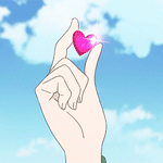 99px.ru аватар Розовое сердечко в руке на фоне облачного неба, кадр из аниме Девчонки-путешественницы / Rolling&;Girls