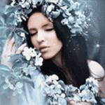99px.ru аватар Девушка с веткой цветов в руке, на волосах, на фоне летающих мотыльков. звездочек