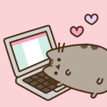 Аватар Котик Пушин / Pusheen the Cat машет лапкой рядом с ноутбуком