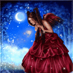 Аватар Девушка в бордовом платье с крыльями под снегом на фоне луны