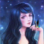99px.ru аватар Девушка с синими волосами, с бабочкой на руке на фоне звездного неба