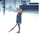 Аватар Мирай Курияма / Mirai Kuriyama из аниме По ту сторону границы / Kyoukai no Kanata стоит на станции под падающим снегом