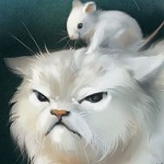 Аватар Белая мышка сидит на голове белого кота