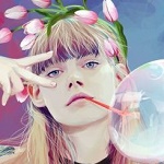 99px.ru аватар Девушка с венком из розовых тюльпанов выдувает мыльные пузыри, by imlineking