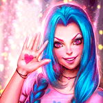 99px.ru аватар Джинкс / Jinx из игры Лига легенд / League of Legends показывает ладонь с нарисованным на ней розовым сердечком, проткнутым стрелой, оригинал by AyyaSAP