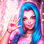 Аватар Джинкс / Jinx из игры Лига легенд / League of Legends показывает ладонь с нарисованным на ней розовым сердечком, проткнутым стрелой, оригинал by AyyaSAP