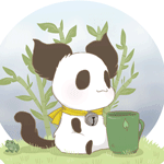 99px.ru аватар Котик в виде панды с колокольчиком на шее сидит возле кружки