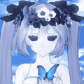 Аватар Vocaloid Hatsune Miku / Вокалоид Хатсунэ Мику с веночком на голове и голубой бабочкой сидящей в руках стоит на фоне неба с облаками, by FukkatsumiMori