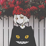99px.ru аватар Кэнма Козумэ / Kenma Kozume из манги Волейбол! / Haikyuu! в черной кофте с ушками и мордочкой скалящегося котика с желтыми глазами, в ошейнике с шипами и колокольчиком, и в венке из красных роз, на фоне забора, за которым цветет розовый куст