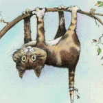 99px.ru аватар Кот на ветке дерева висит вниз головой, зацепившись лапами за нее и с дерева опадают листья